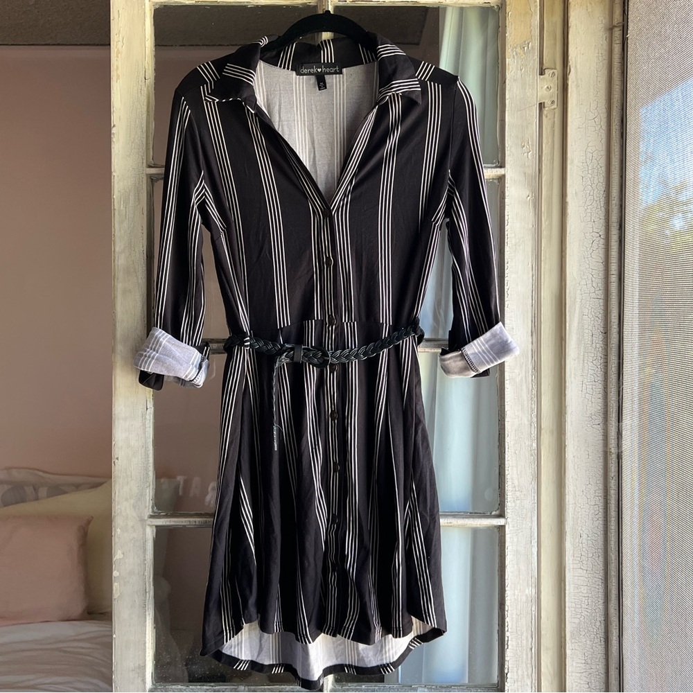 Derek Heart Striped Button Down Dress With Removable Braided Belt